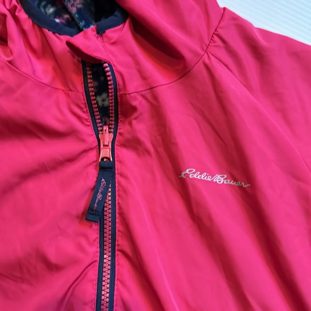 Eddie Bauer pink & blue, flowered reversible hooded jacket.  Girls size large